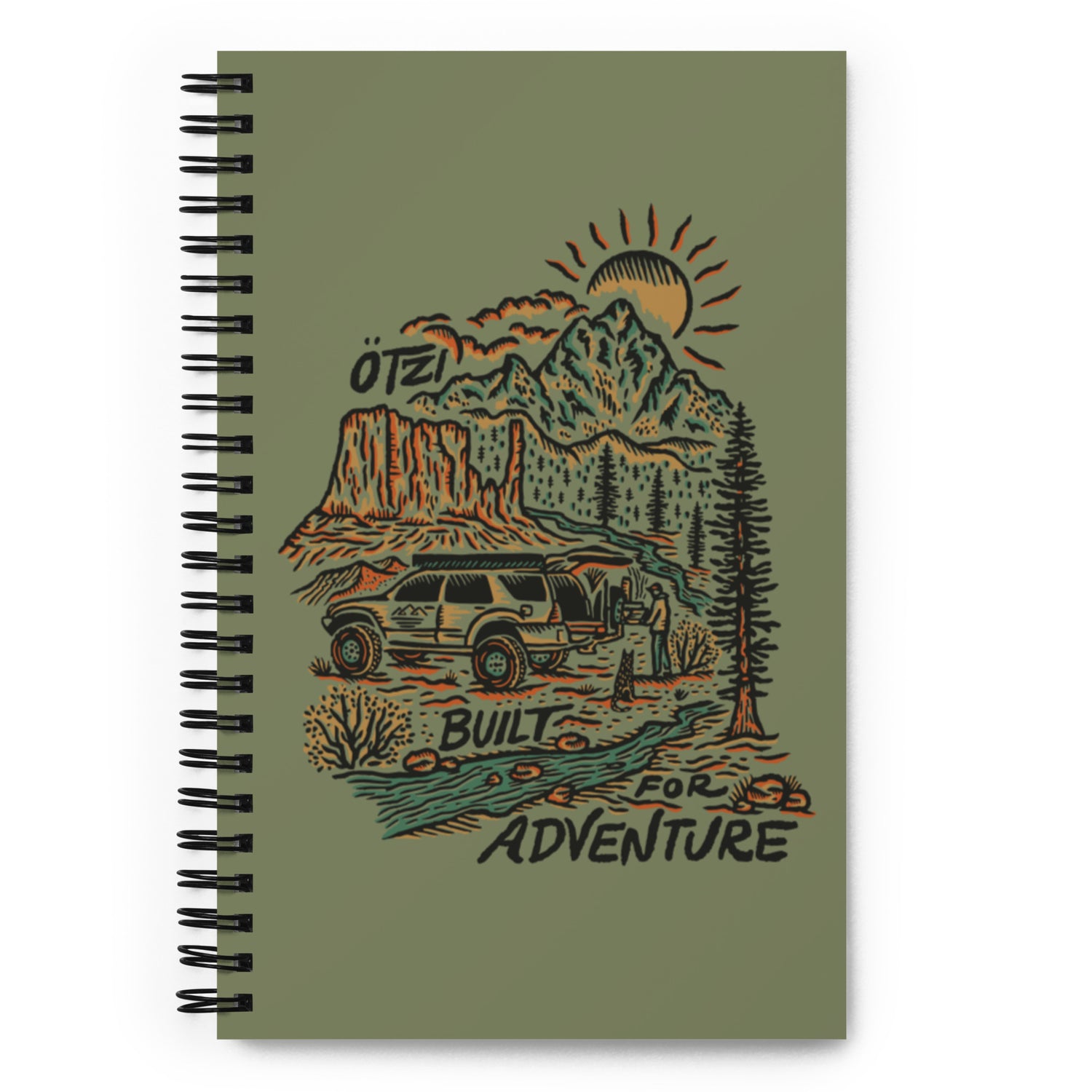Green spiral notebook with illustrated mountain scene, SUV, and 'Built for Adventure' text.